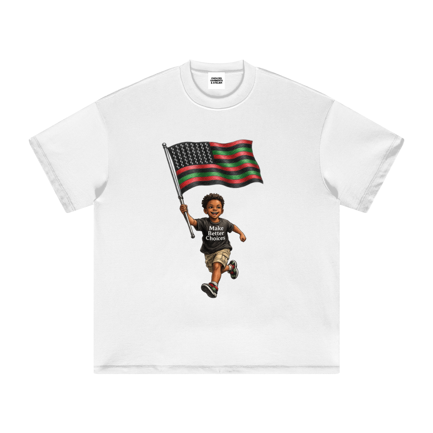 Juneteenth #001 graphic t-shirt featuring child carrying Pan-African flag and Make Better Choices message