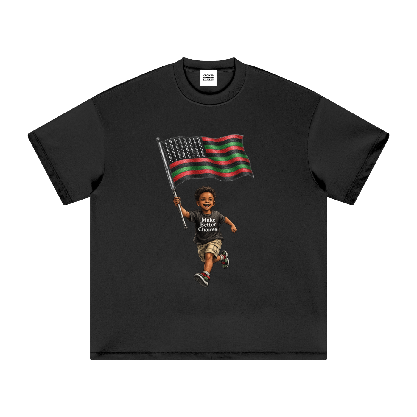 Juneteenth #001 graphic t-shirt featuring child carrying Pan-African flag and Make Better Choices message