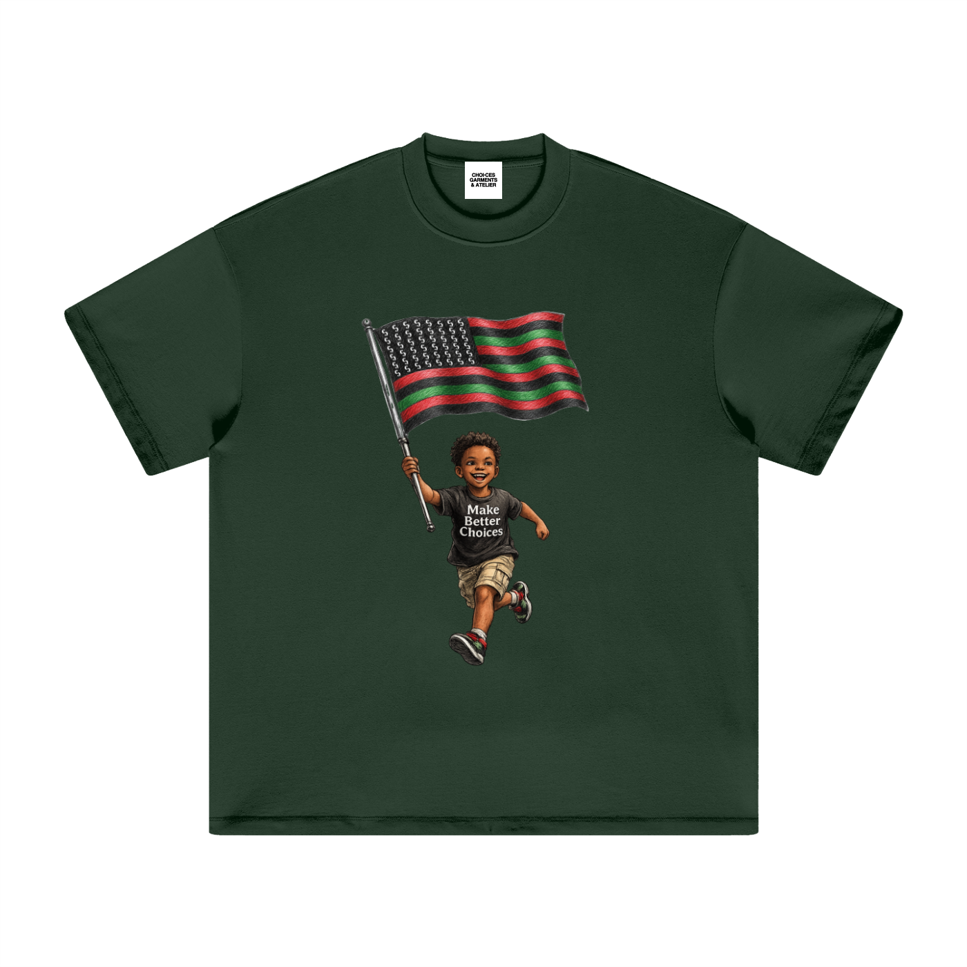 Juneteenth #001 graphic t-shirt featuring child carrying Pan-African flag and Make Better Choices message